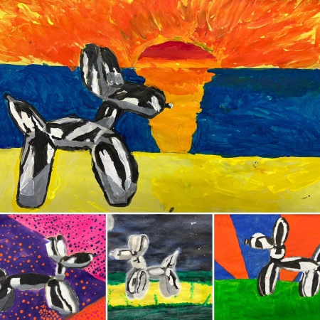 paintings of a balloon dog by pupils of Great Torrington School